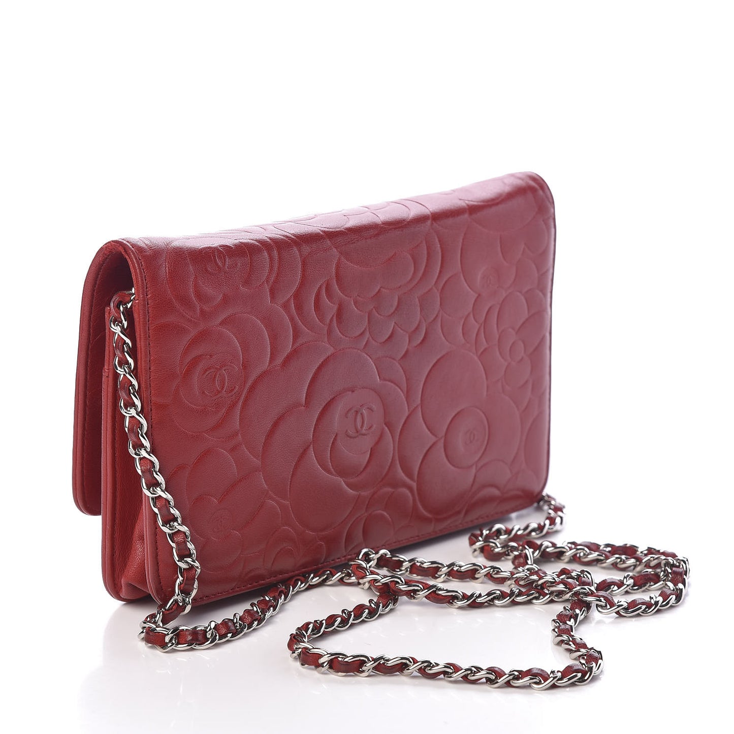 Lambskin Camellia Embossed Wallet On Chain WOC Dark Red