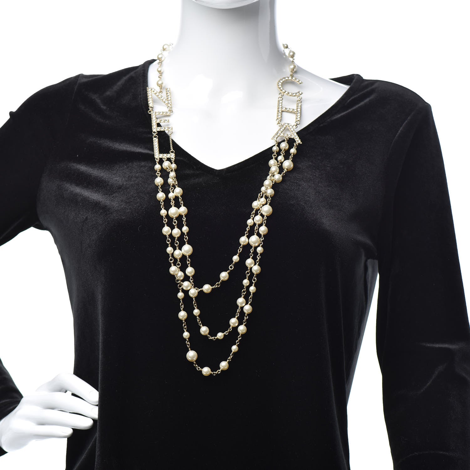 Chanel Pearl Crystal Cha-Nel Logo Necklace Gold 2 of 5