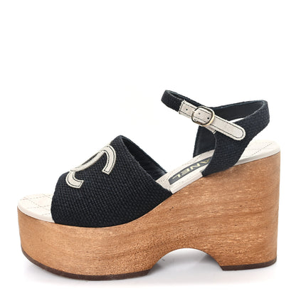 Chanel Fabric Calfskin Platform Wedge Sandals 36 Black 1 of 9
