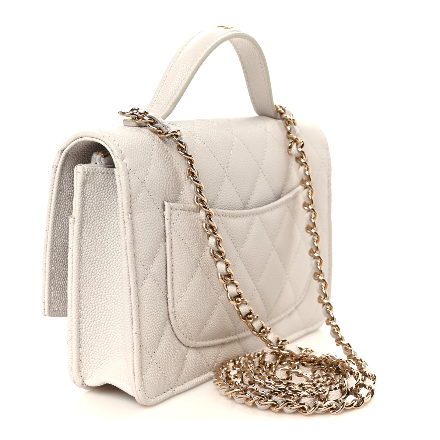 Caviar Quilted Trendy Handle Clutch With Chain Light Grey