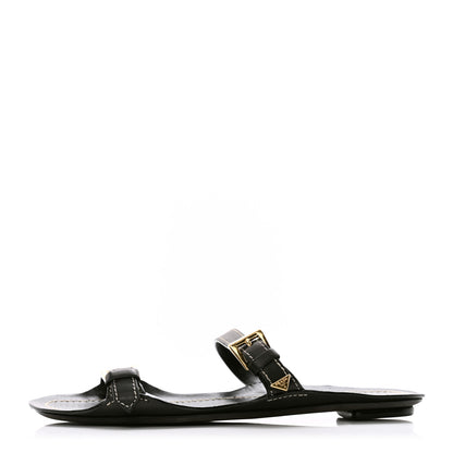 Prada Calfskin Sandali Two Strap Flat Sandals 37.5 Black 1 of 9