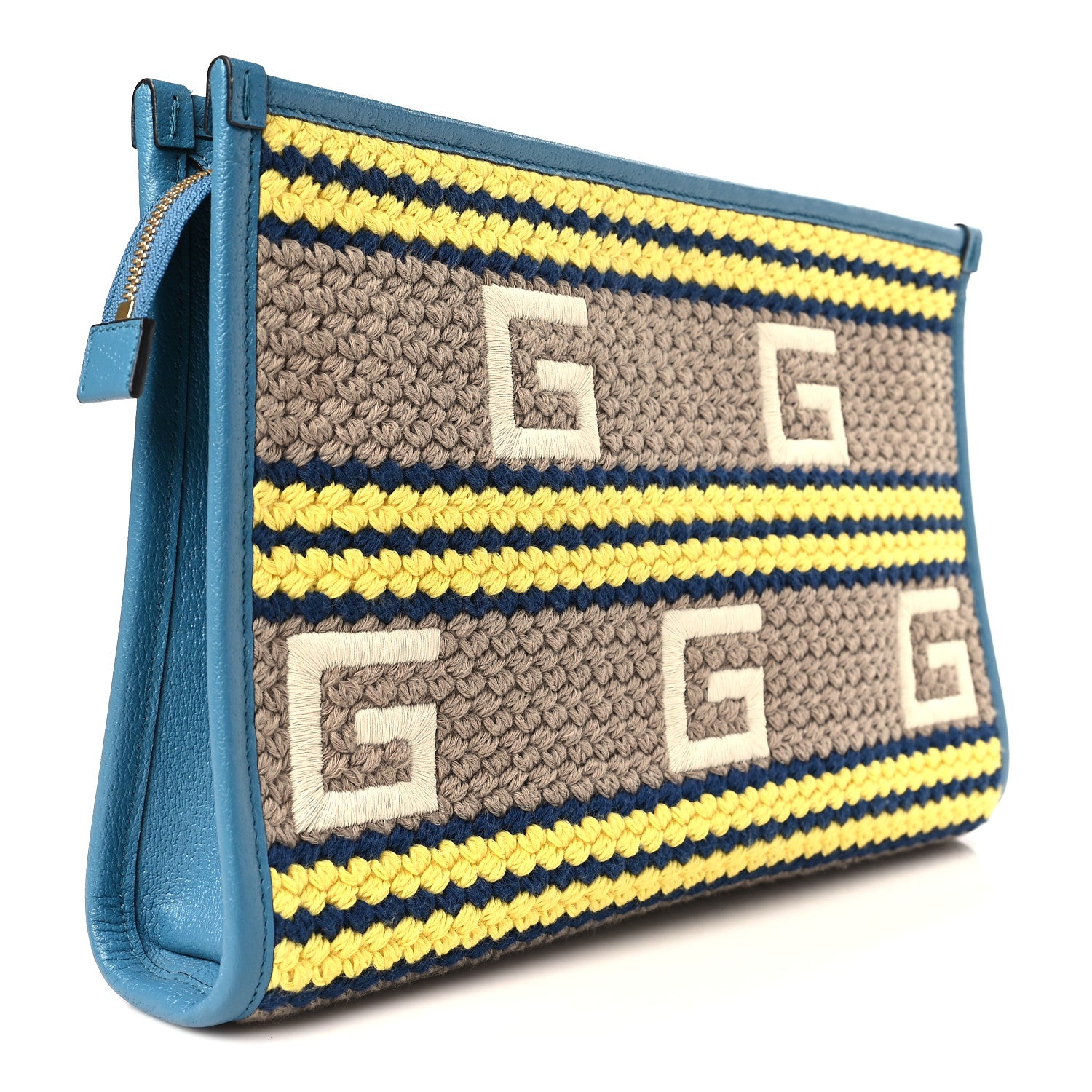 Gucci Fabric Embroidered Hawaii Striped Pouch Bag Blue 3 of 8