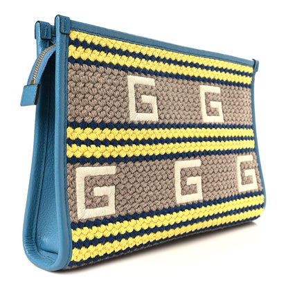 Gucci Fabric Embroidered Hawaii Striped Pouch Bag Blue 3 of 8