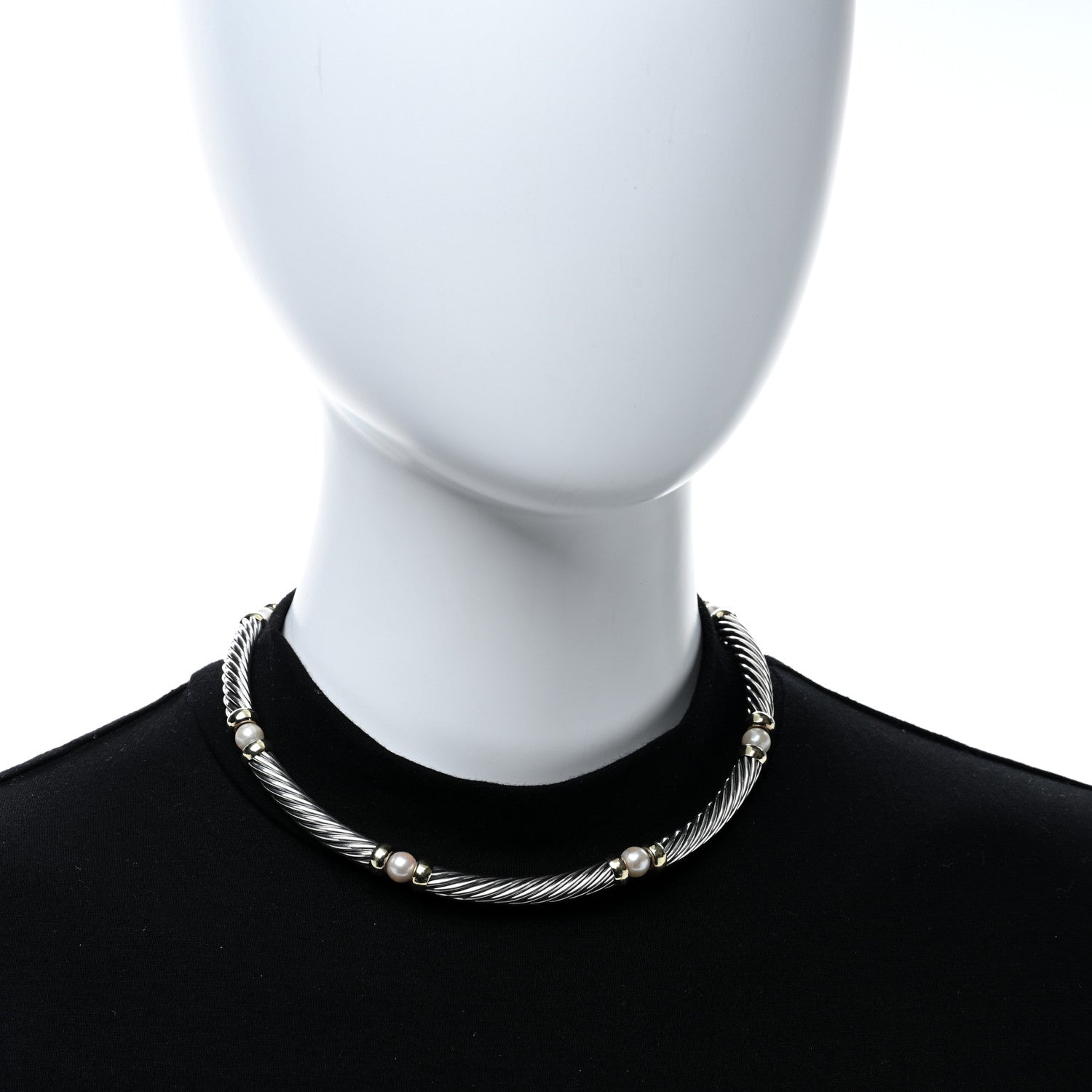 David Yurman Sterling Silver 14K Yellow Gold Pearl Hampton Cable Choker Necklace 2 of 4