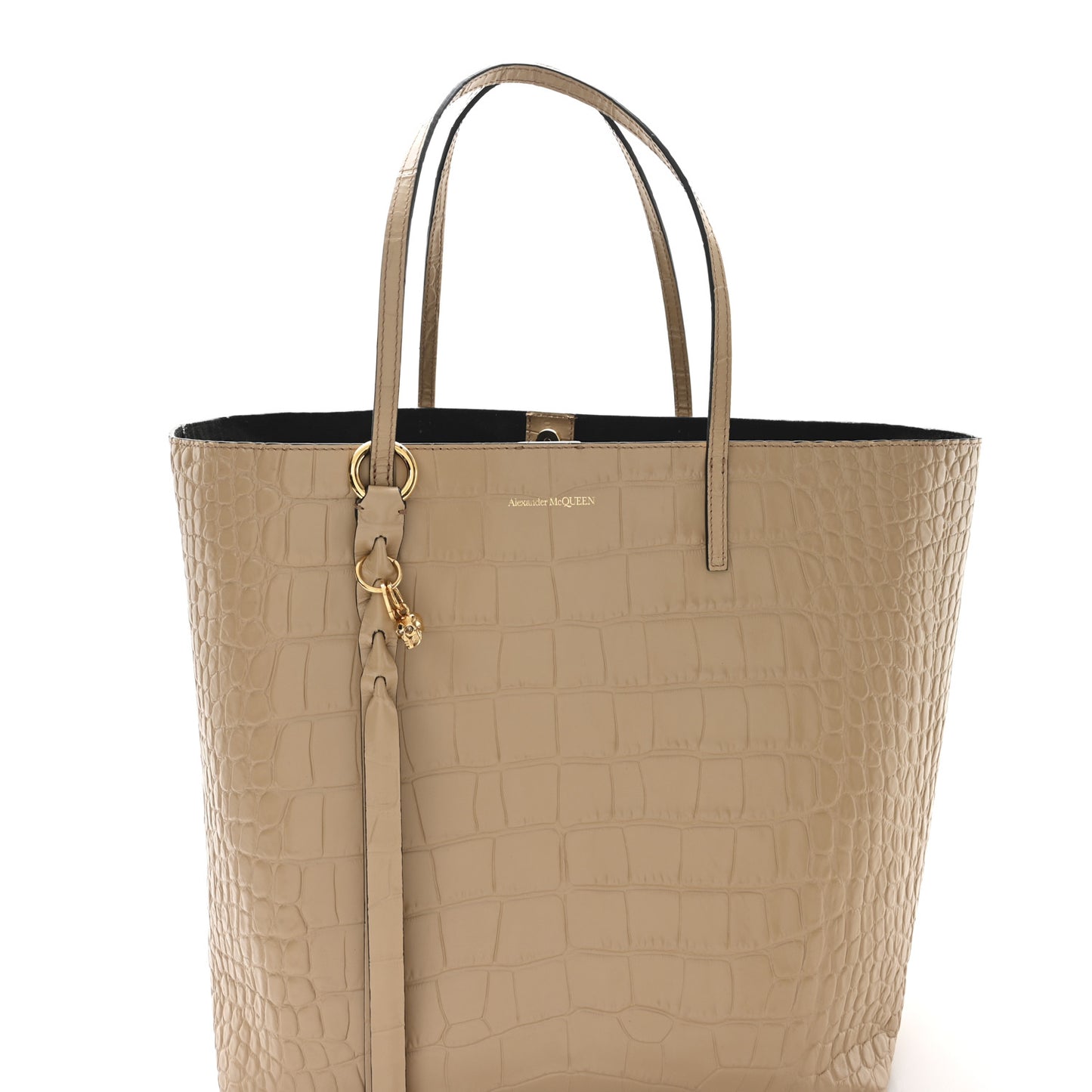 Calfskin Crocodile Embossed Skull Open Shopper Tote Camel