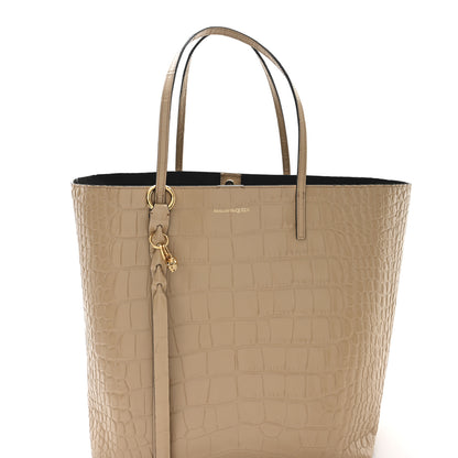 Alexander McQueen Calfskin Crocodile Embossed Skull Open Shopper Tote Camel 9 of 11