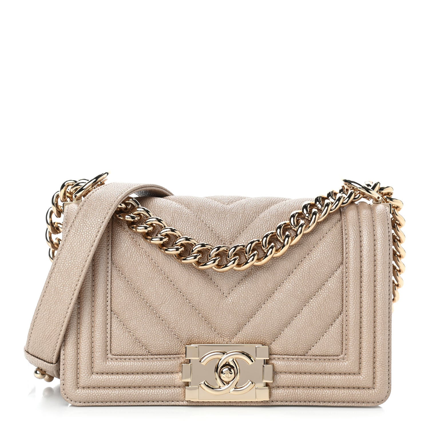 Chanel Iridescent Caviar Chevron Quilted Small Boy Flap Beige 1 of 10