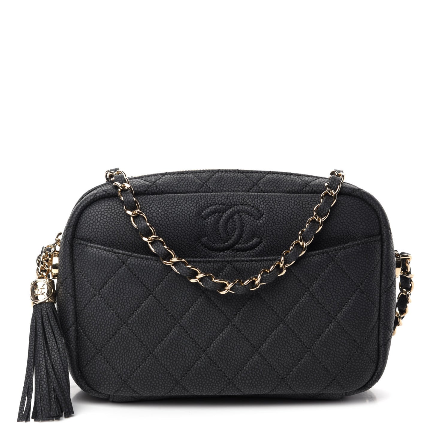Iridescent Caviar Quilted Small Coco Tassel Camera Case Black