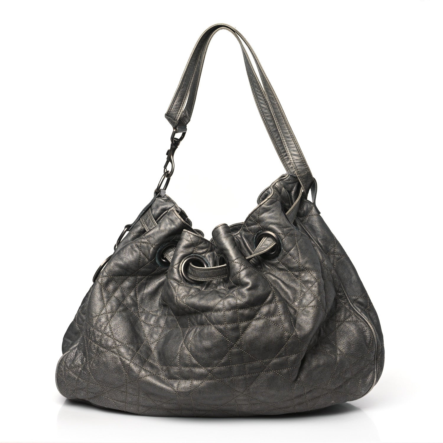 Christian Dior Metallic Lambskin Cannage Drawstring Bag Grey 1 of 10