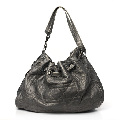 Christian Dior Metallic Lambskin Cannage Drawstring Bag Grey 1 of 10