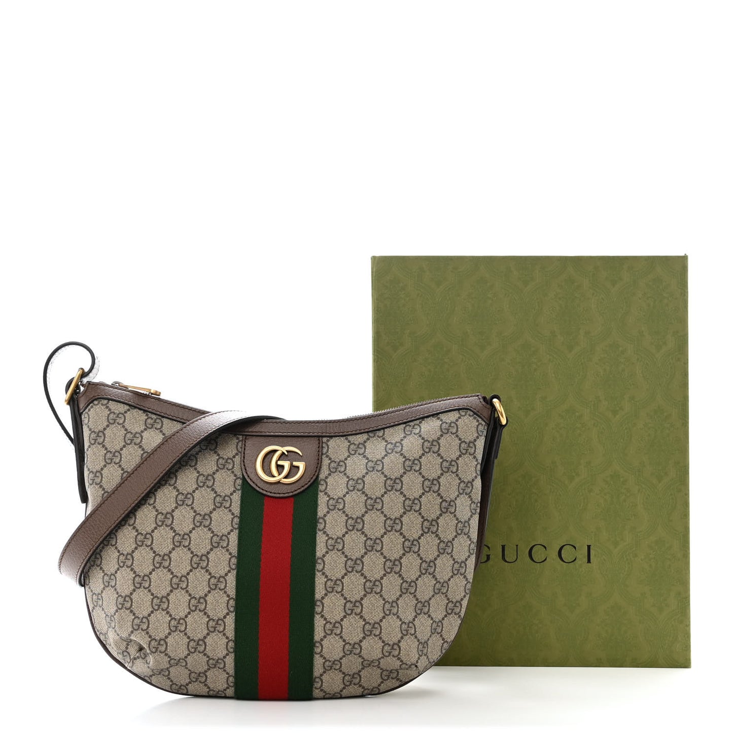 GG Supreme Monogram Web Small Ophidia Half Moon Hobo Brown