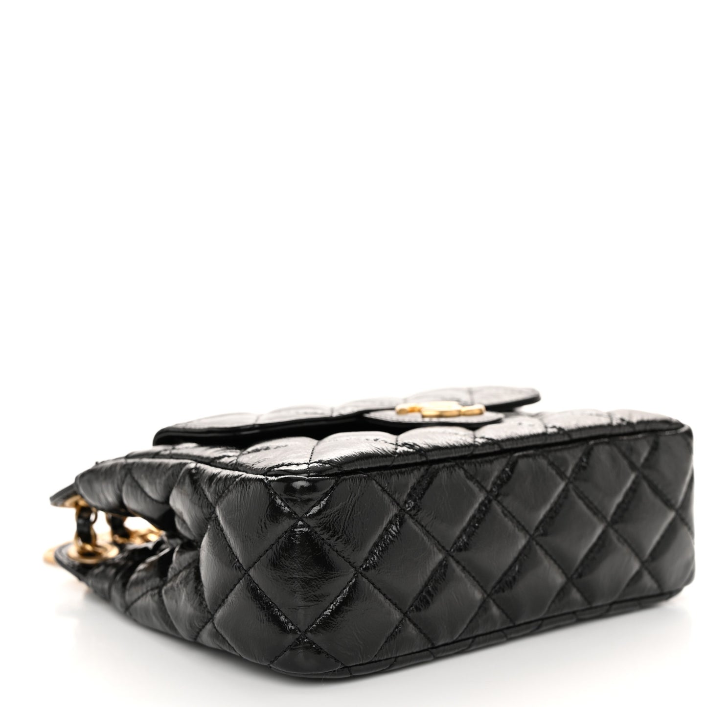Shiny Crumpled Calfskin Quilted Small Wavy CC Hobo Black