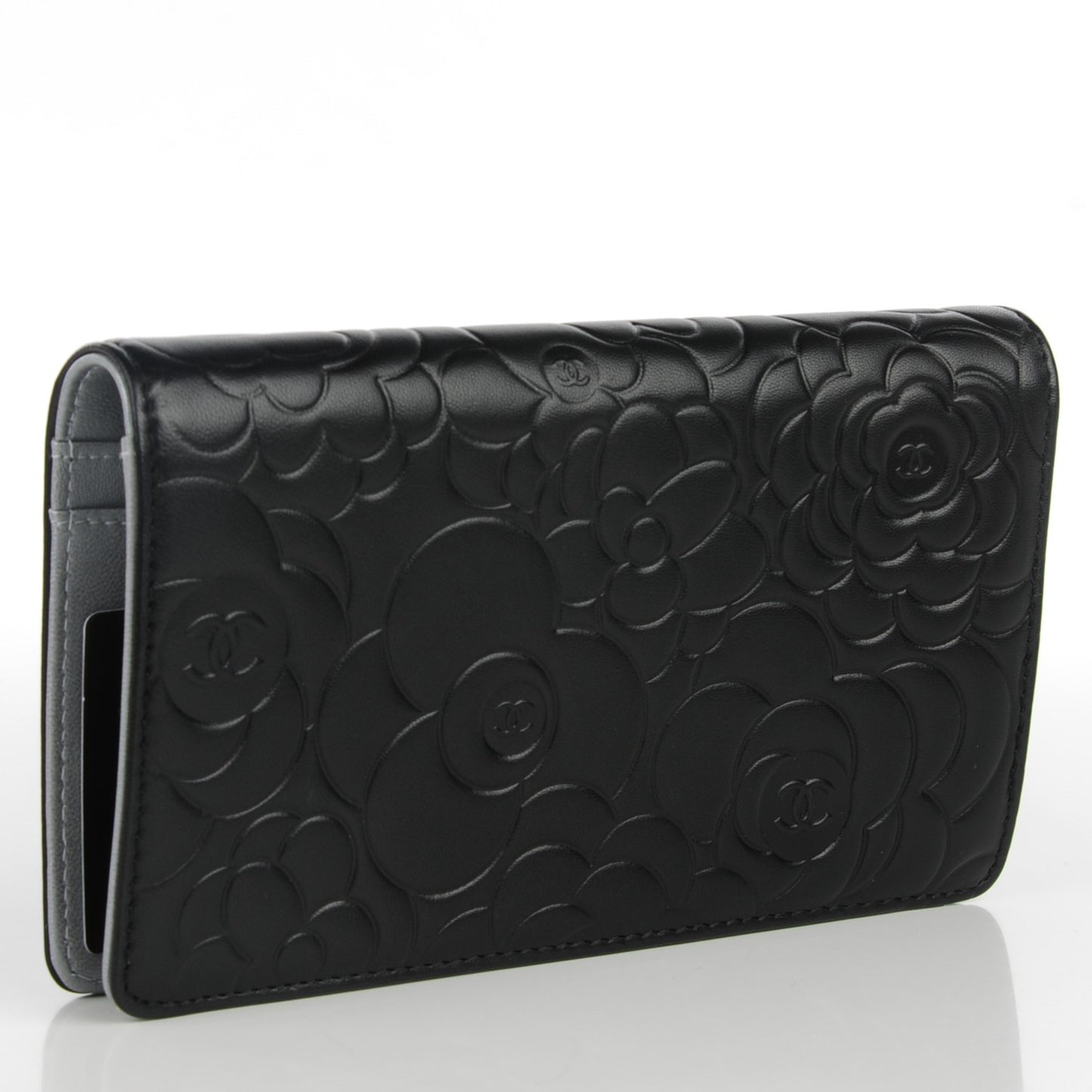 Lambskin Camellia Embossed Yen Wallet Black