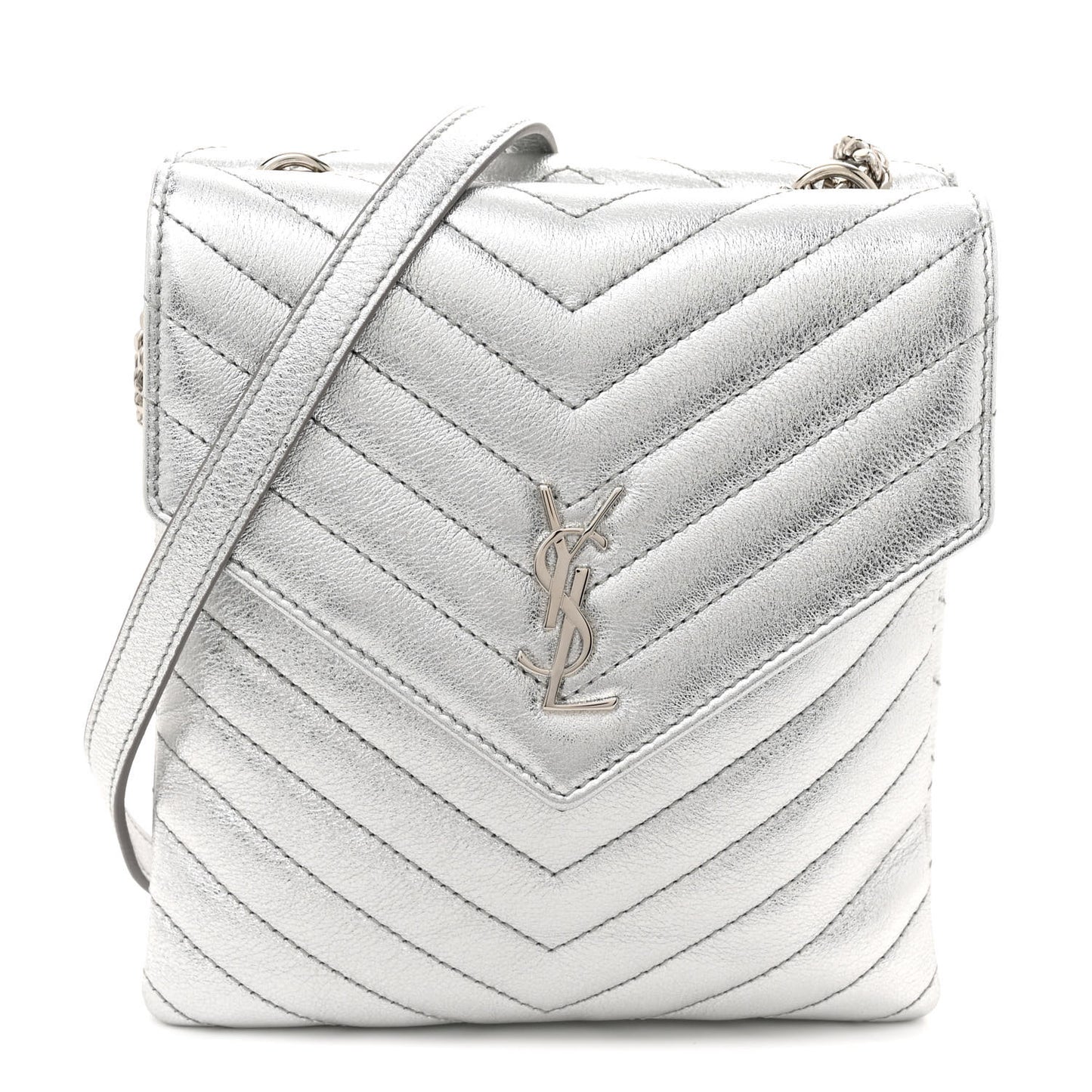 Metallic Lambskin Quilted Double Flap Bag Silver