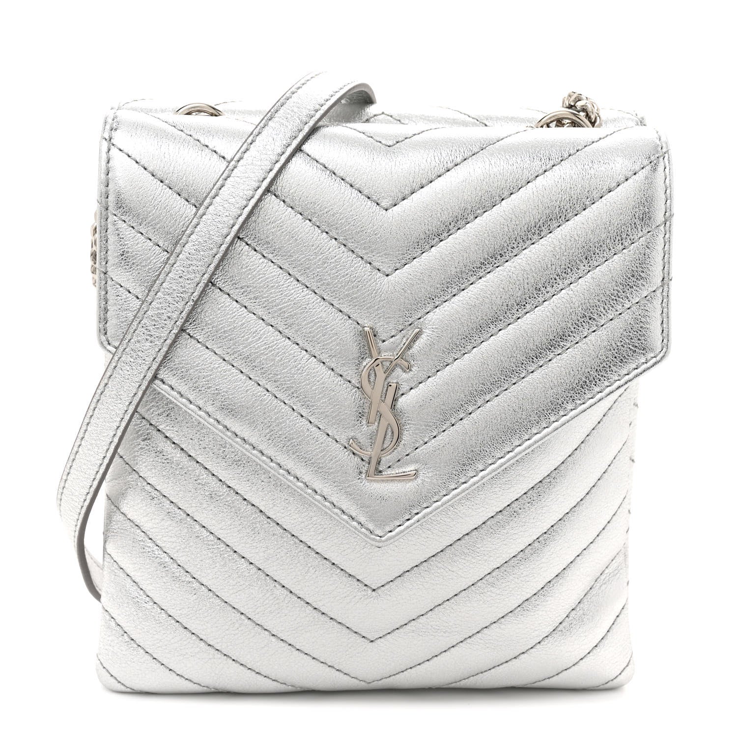 Saint Laurent Metallic Lambskin Quilted Double Flap Bag Silver 1 of 10
