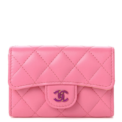 Chanel Lambskin Quilted Flap Card Holder Wallet Pink Yellow 1 of 11