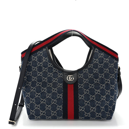 Gucci Denim GG Monogram Web Small Giglio Tote Blue White 1 of 10