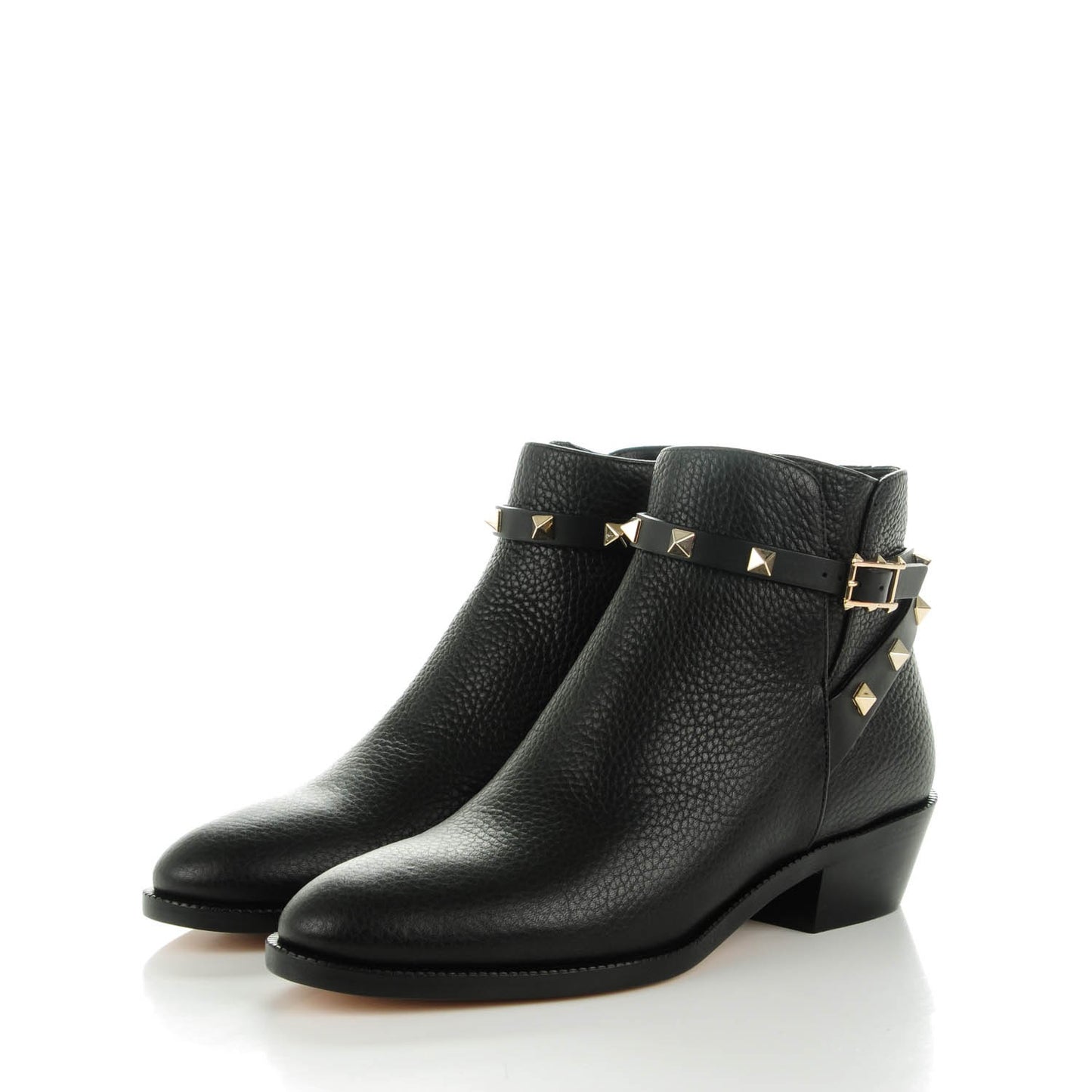 Grained Calfskin Rockstud Single Buckle 35mm Cowboy Ankle Boots 37 Black