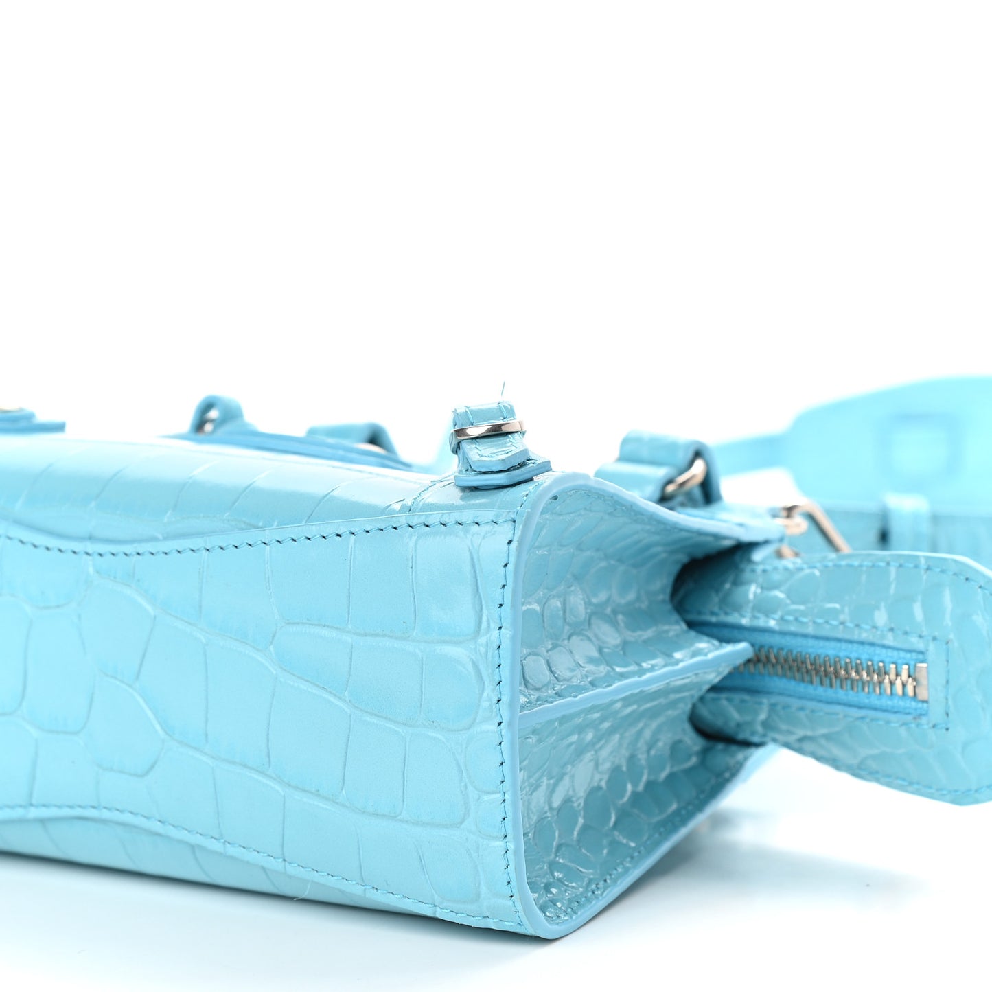 Calfskin Crocodile Embossed Neo Classic Silver Hardware Nano City Crossbody Azur