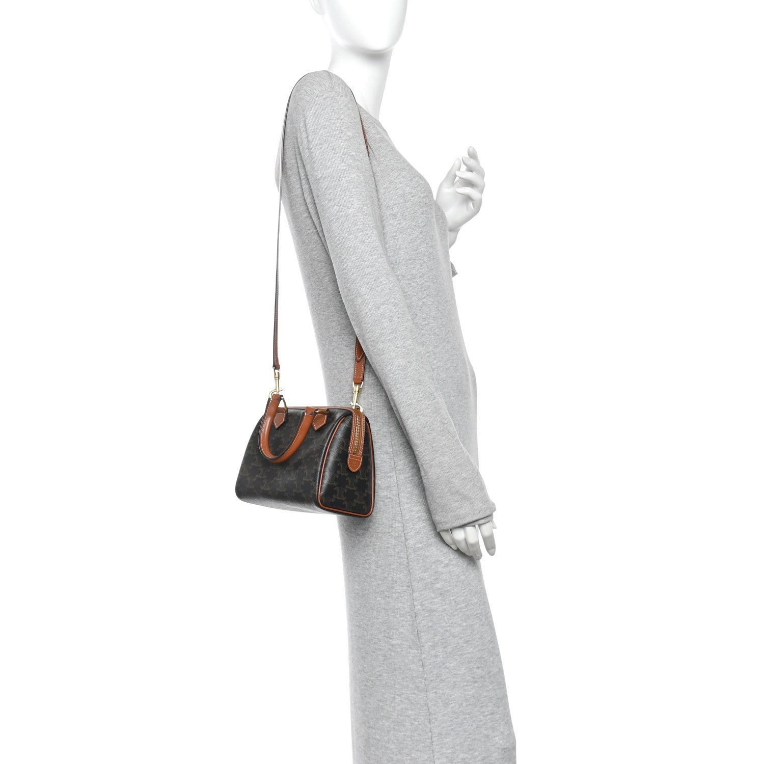 Celine Triomphe Canvas Calfskin Small Boston Bag Tan 2 of 10