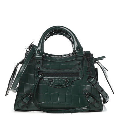 Balenciaga Semi Shiny Calfskin Crocodile Embossed Neo Classic Black Hardware Mini City Forest Green 1 of 9