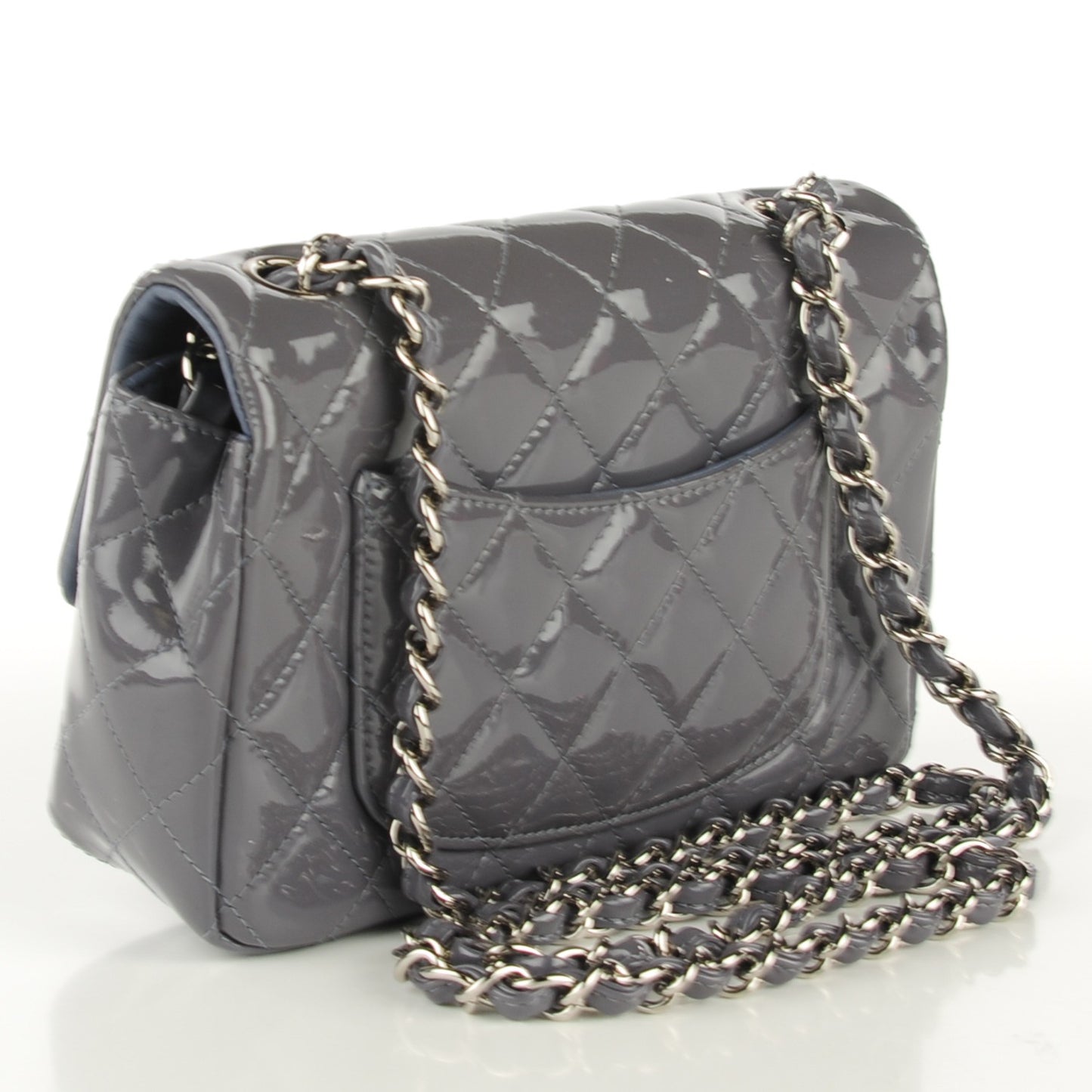 Patent Calfskin Quilted Mini Rectangular Flap Grey
