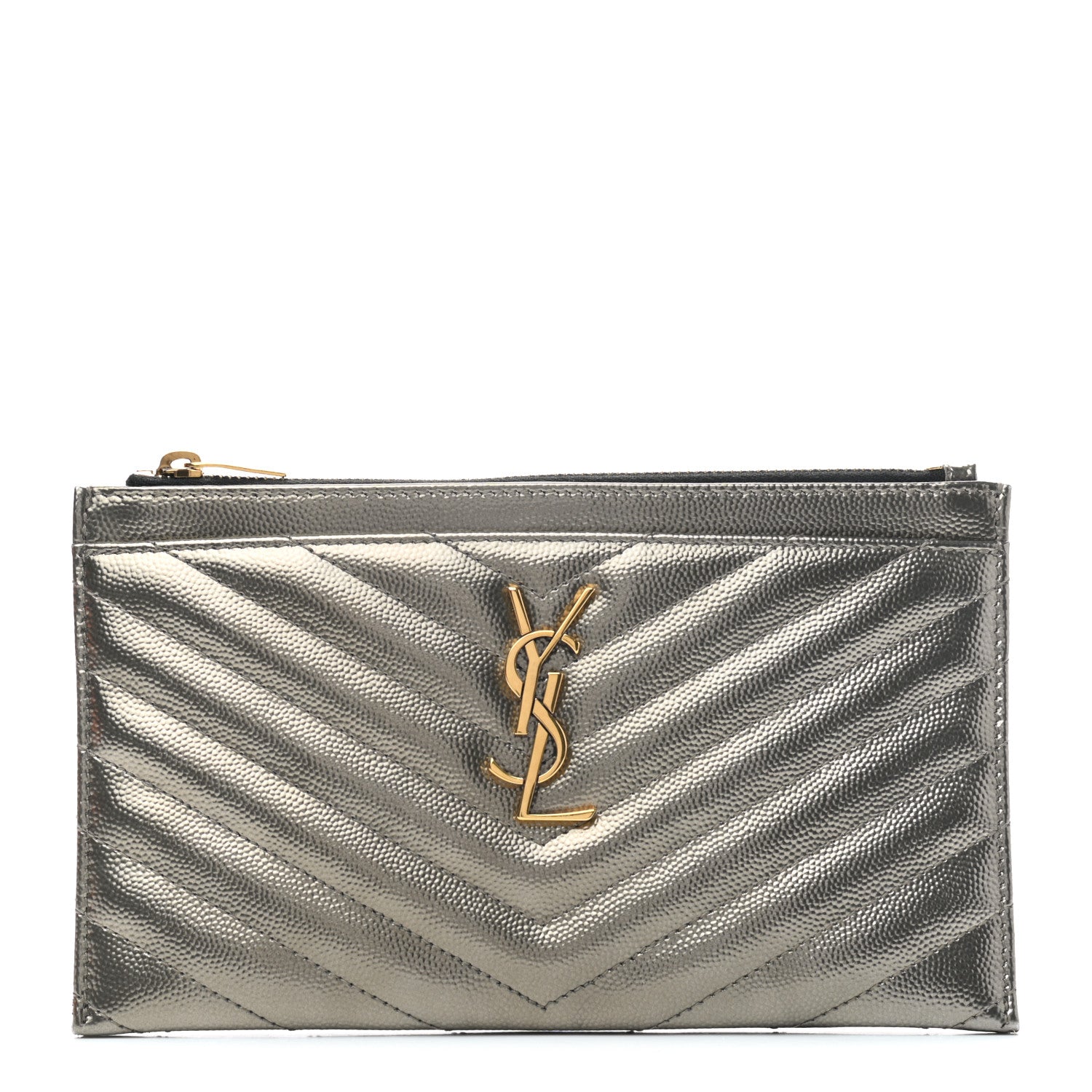 Saint Laurent Metallic Grain De Poudre Matelasse Chevron Monogram Bill Pouch Piombo 1 of 7