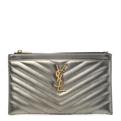 Saint Laurent Metallic Grain De Poudre Matelasse Chevron Monogram Bill Pouch Piombo 1 of 7