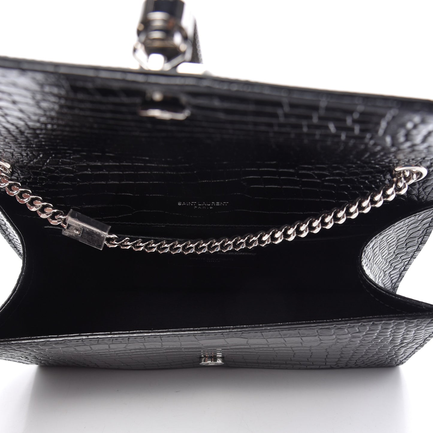 Calfskin Crocodile Embossed Medium Classic Monogram Kate Tassel Satchel Black