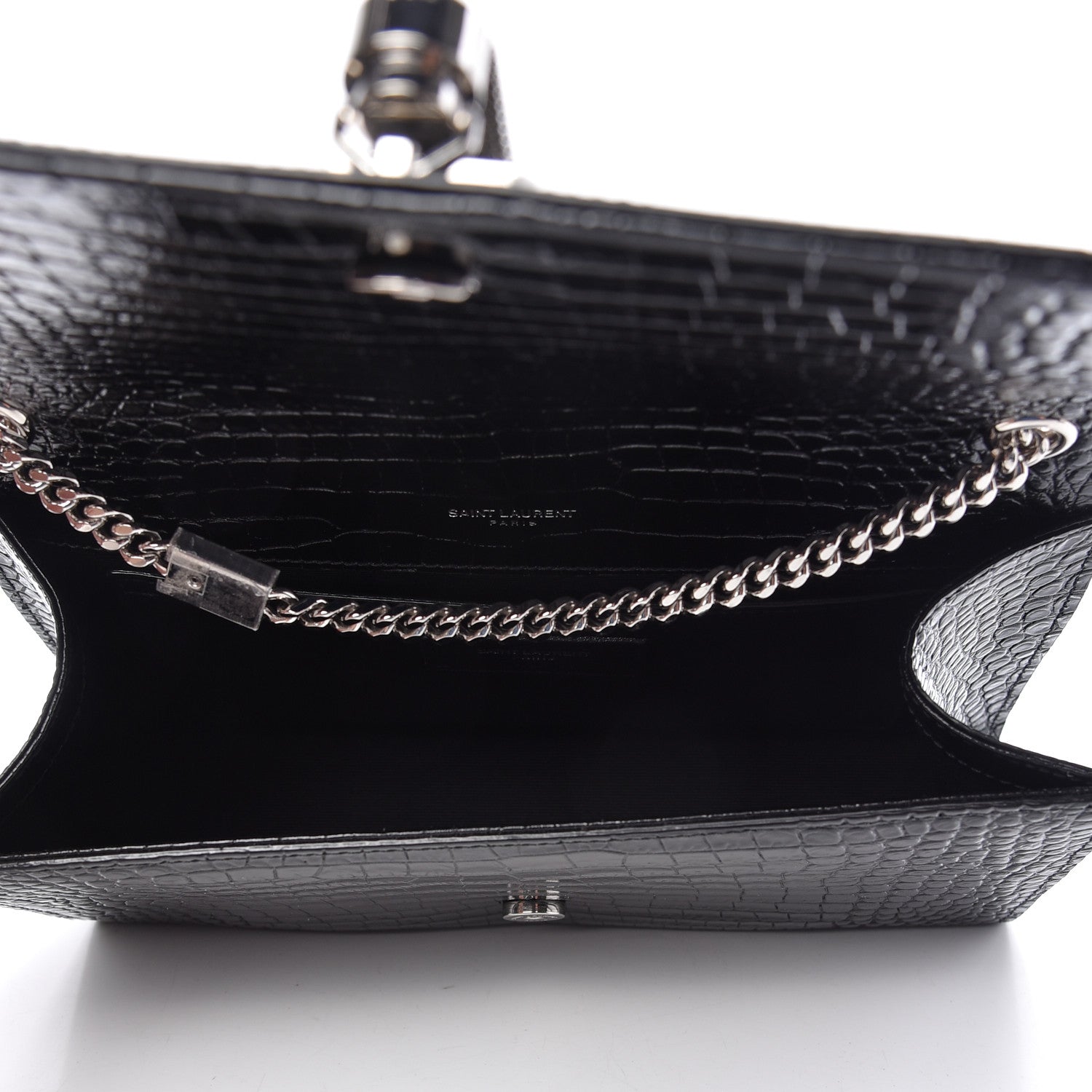 Saint Laurent Calfskin Crocodile Embossed Medium Classic Monogram Kate Tassel Satchel Black 5 of 9