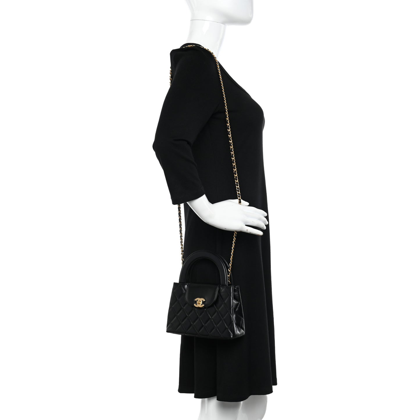 Shiny Aged Calfskin Quilted Nano Kelly Shopper Black