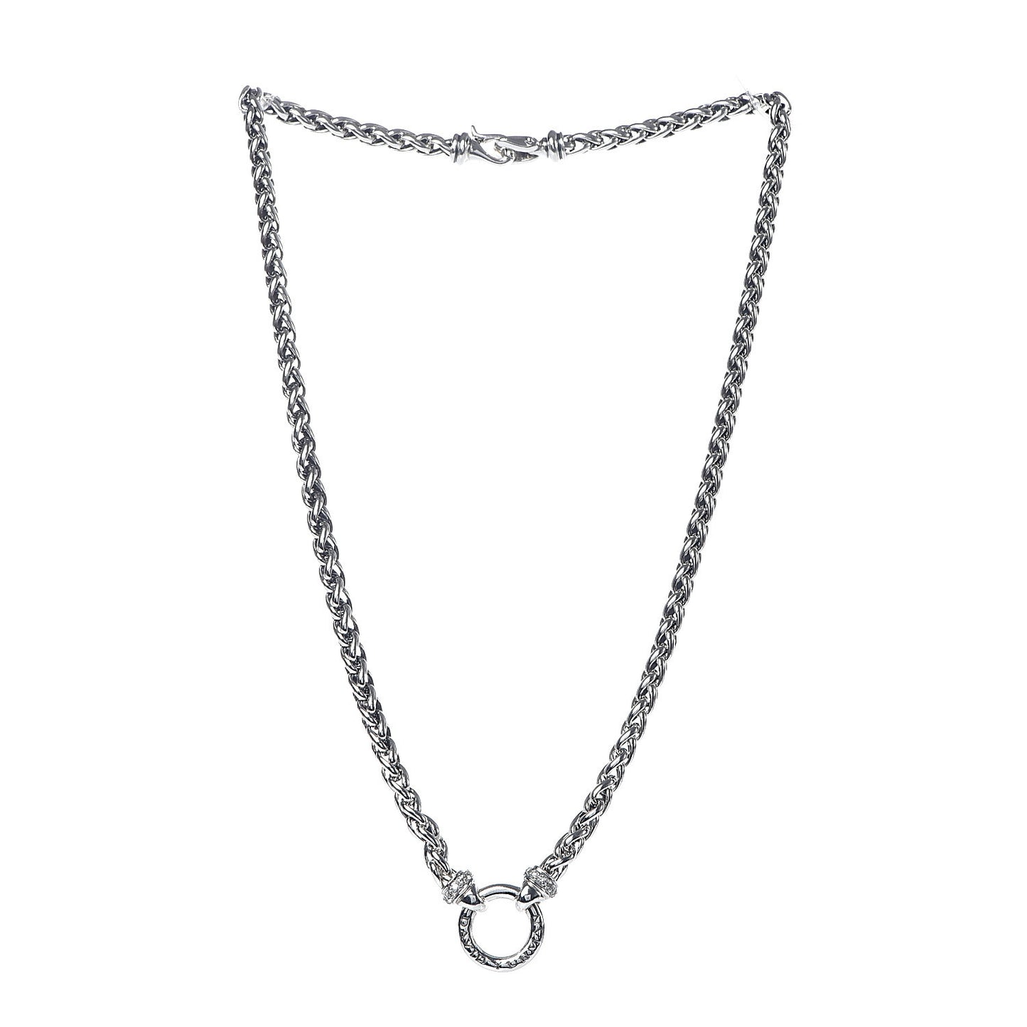 Sterling Silver Pave Diamond 8mm Wheat Chain Necklace