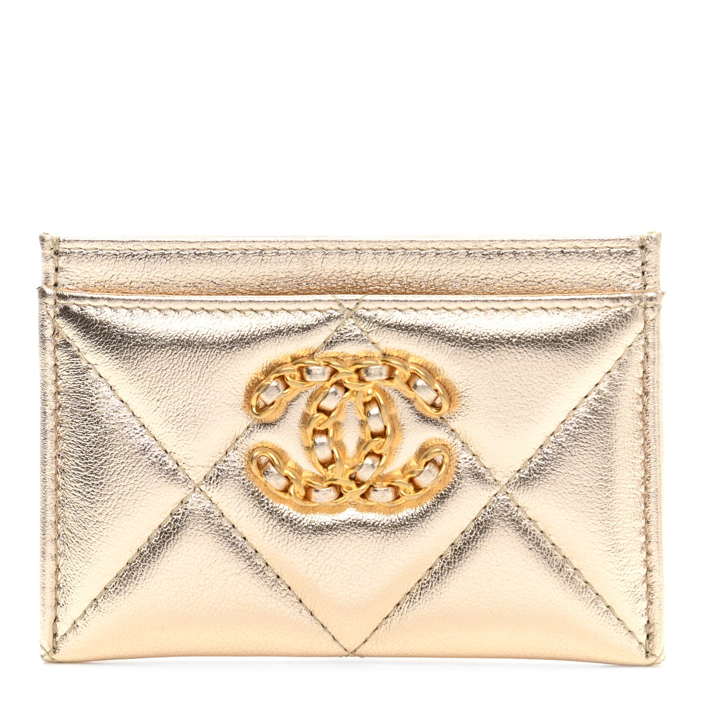 Metallic Lambskin Quilted Chanel 19 Card Holder Gold