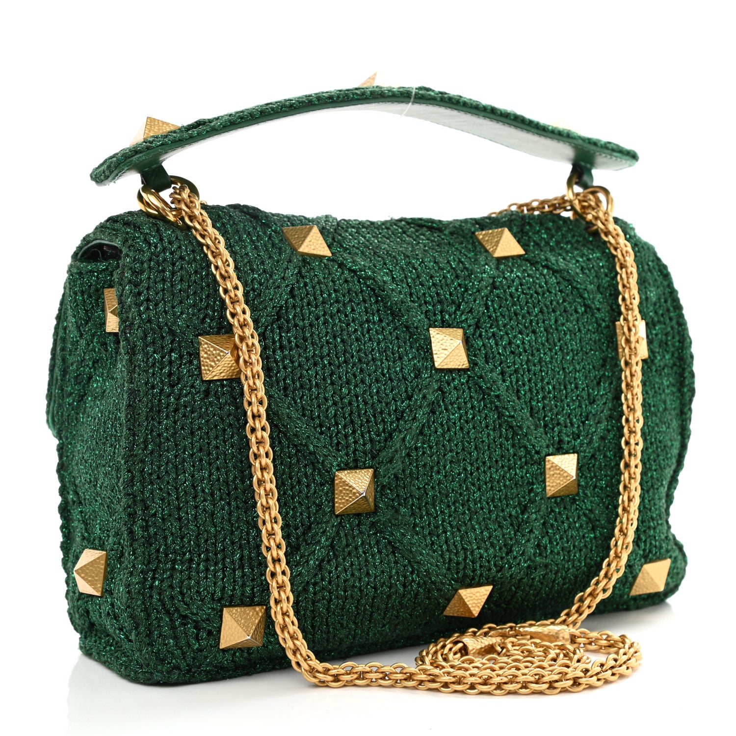Valentino Garavani Metallic Woven Lurex Large Roman Stud Shoulder Bag Jungle 3 of 8