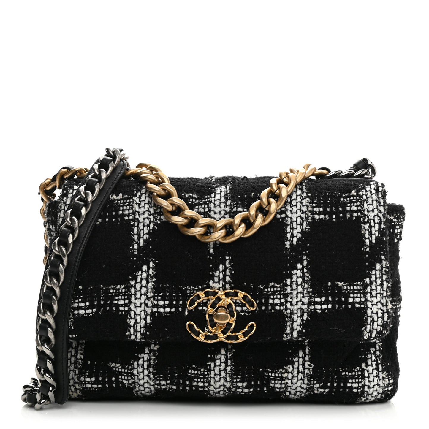 Tweed Quilted Medium Chanel 19 Flap Black White