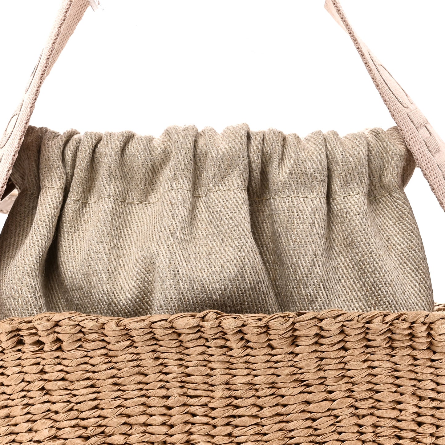 X MIFUKO Raffia Calfskin Small Woody Basket Shoulder Bag Beige Light Pink