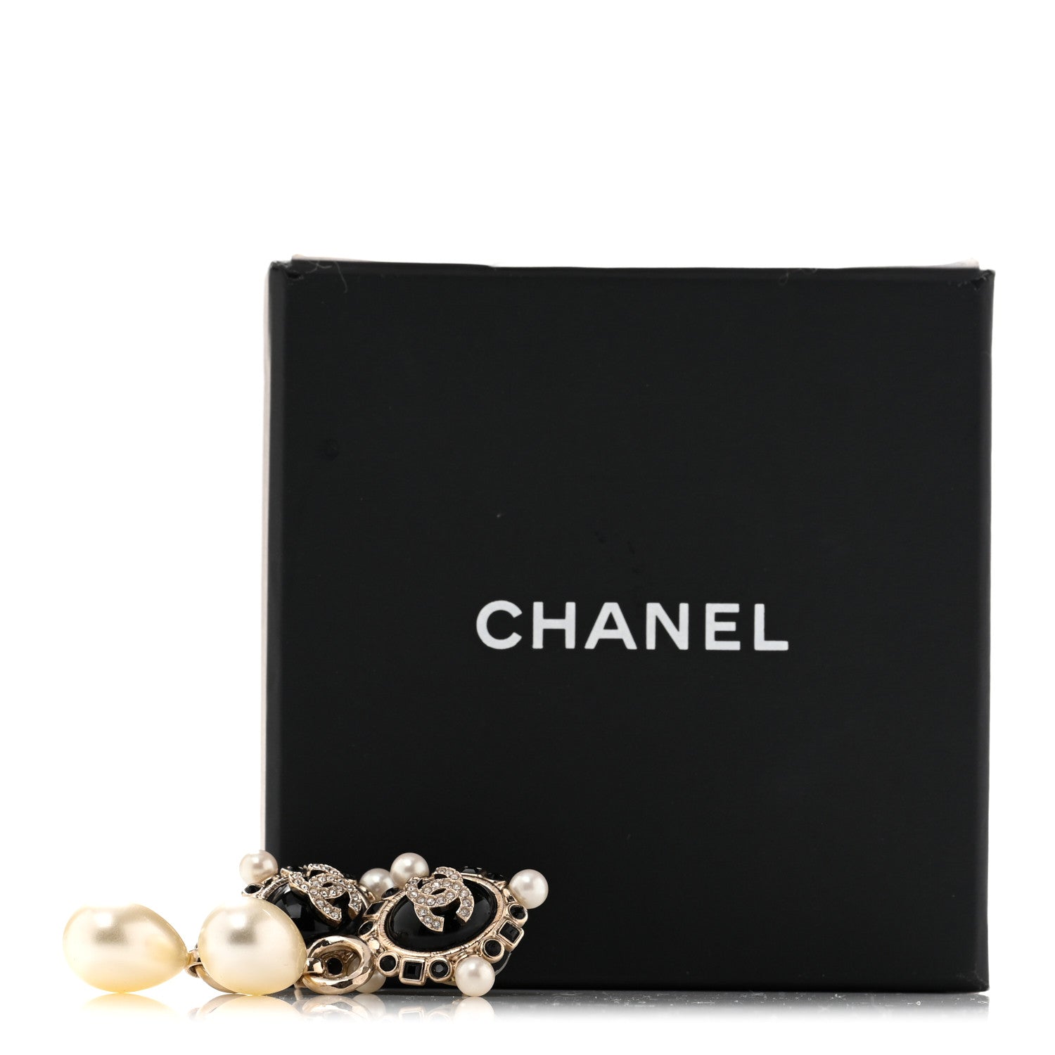 Chanel Resin Crystal Pearl CC Drop Earrings Gold Black 5 of 5