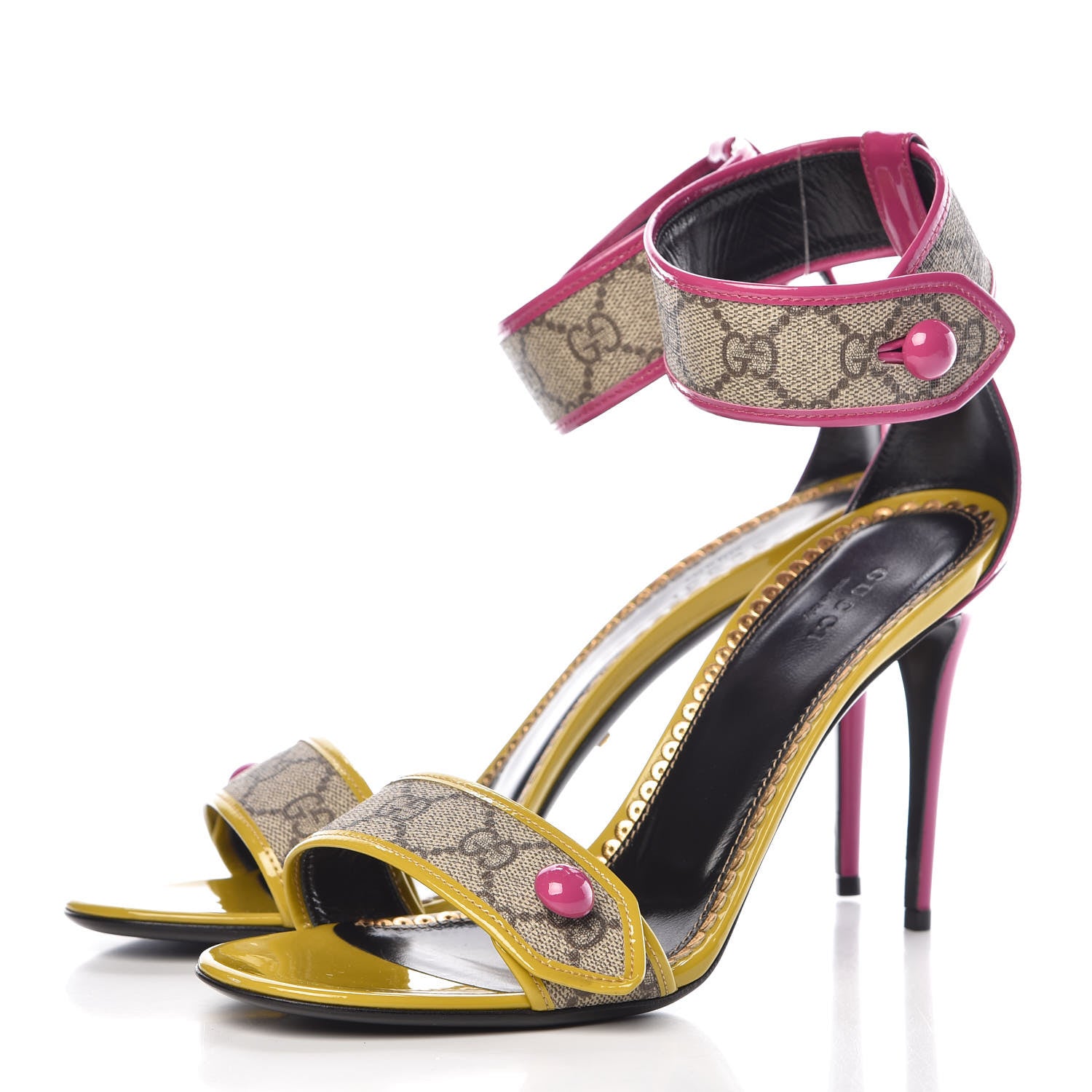 Gucci GG Supreme Monogram Patent Harleth Ankle Strap Sandals 41 Beige New Rosette 3 of 9
