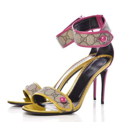 Gucci GG Supreme Monogram Patent Harleth Ankle Strap Sandals 41 Beige New Rosette 3 of 9