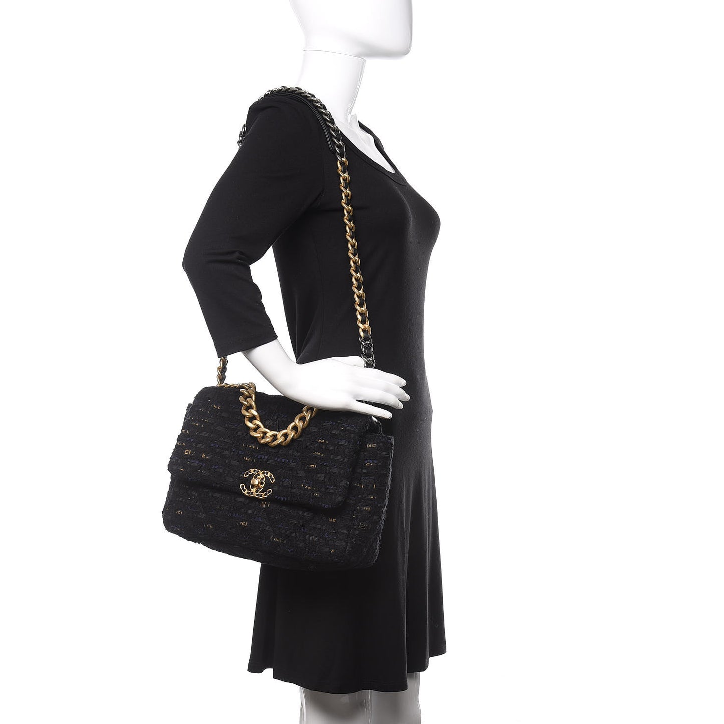 Tweed Quilted Large Chanel 19 Flap Black Navy Gold