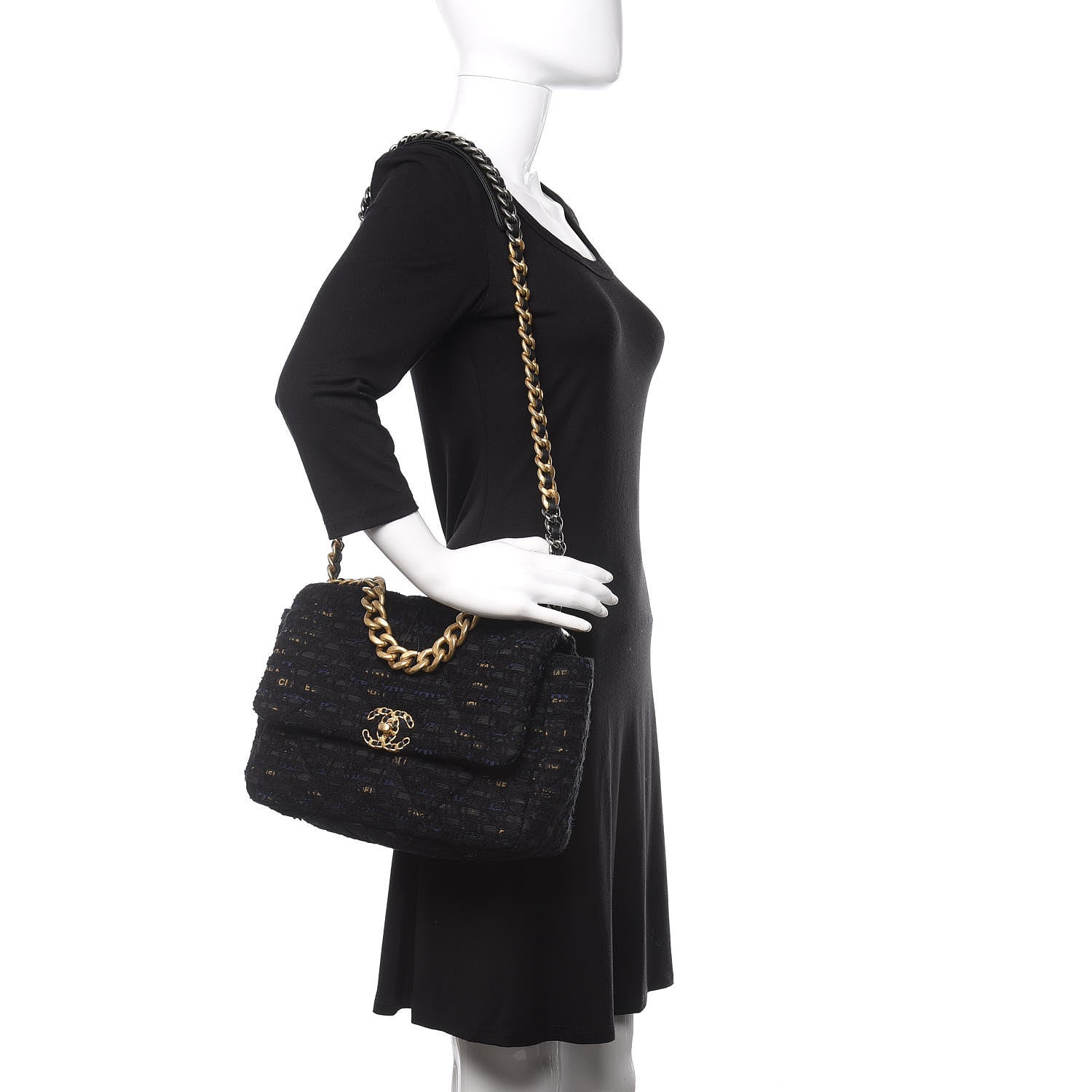 Chanel Tweed Quilted Large Chanel 19 Flap Black Navy Gold 2 of 11