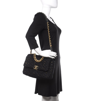 Chanel Tweed Quilted Large Chanel 19 Flap Black Navy Gold 2 of 11