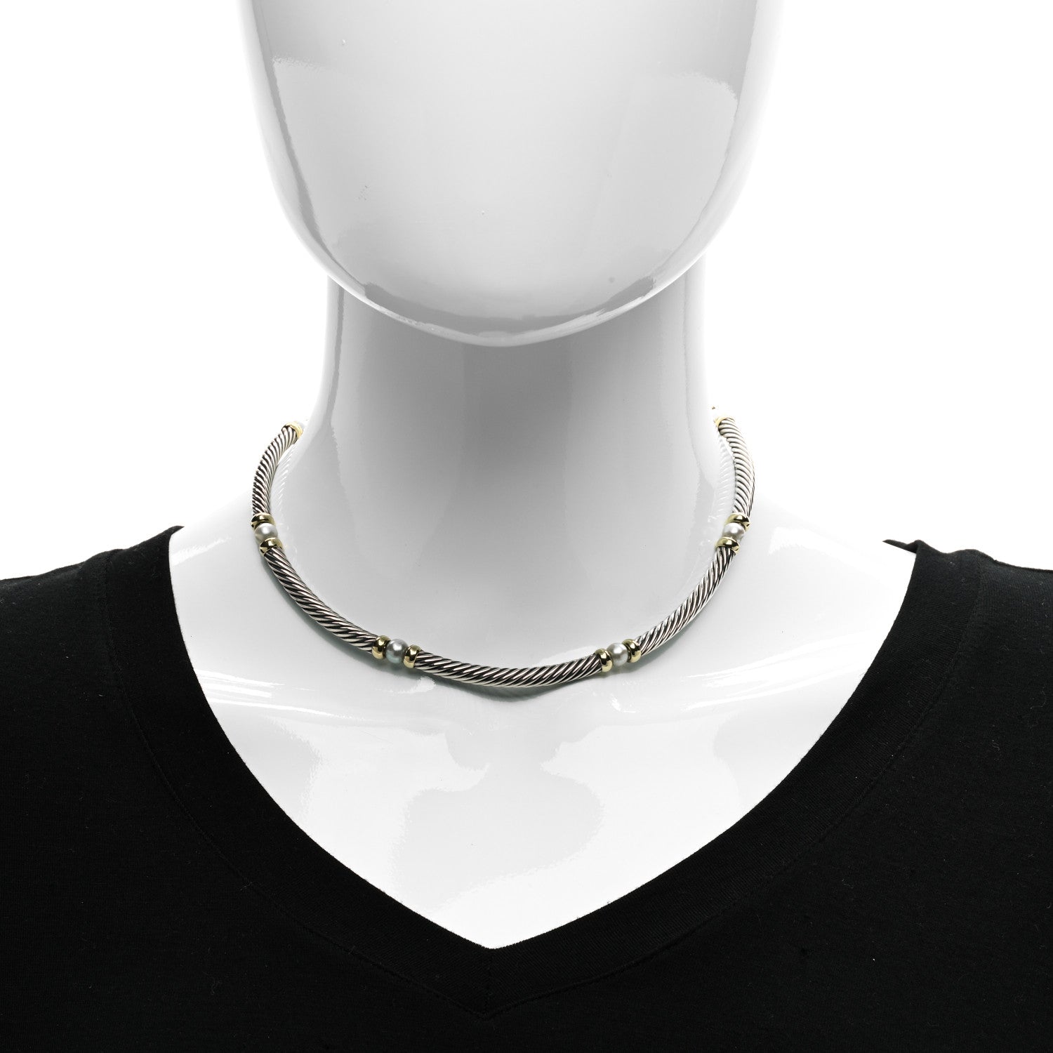 David Yurman Sterling Silver 14K Yellow Gold Pearl Hampton Cable Choker Necklace 2 of 6
