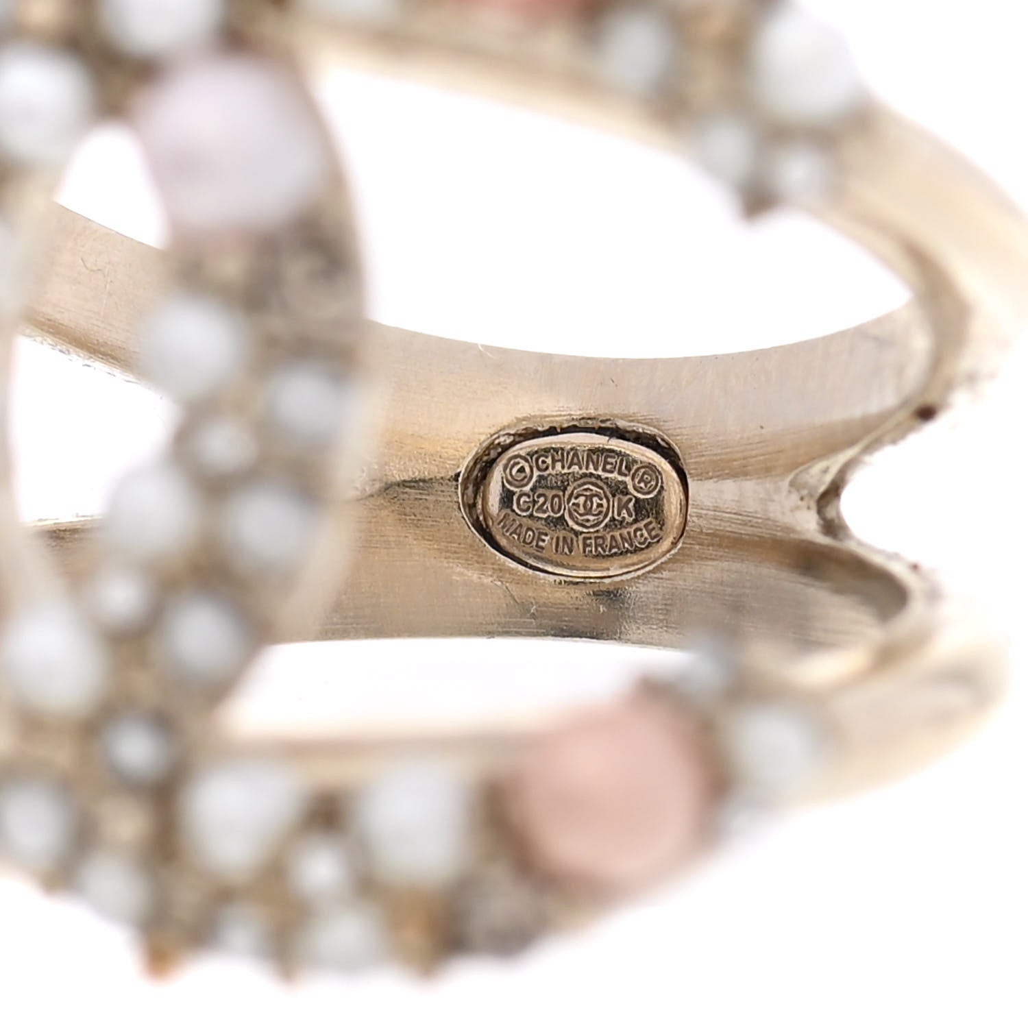 Chanel Pearl Crystal CC Charms Ring 6.25 Light Gold Pink 5 of 6