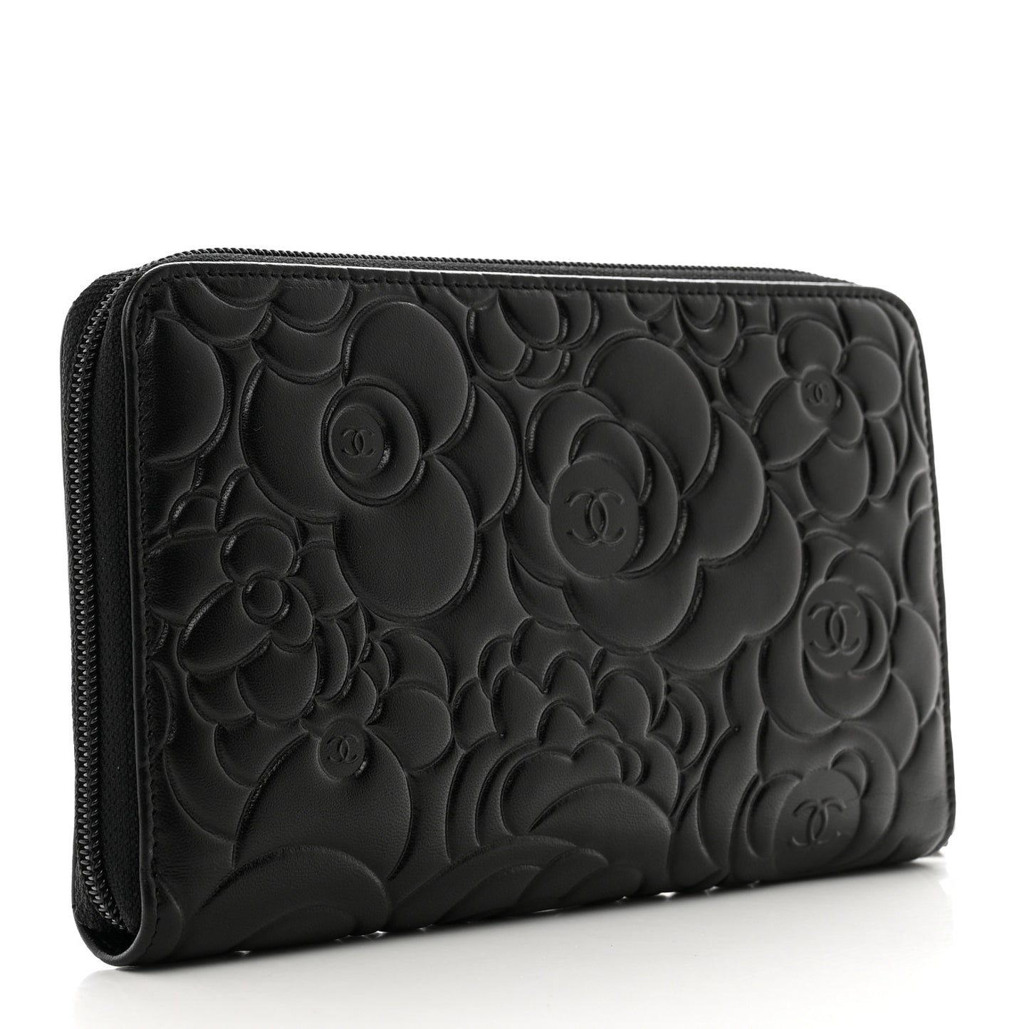 Lambskin Camellia Embossed Zip Around Organizer Wallet Black