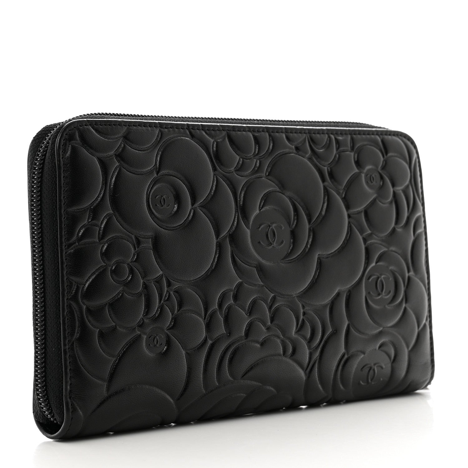 Chanel Lambskin Camellia Embossed Zip Around Organizer Wallet Black 3 of 9