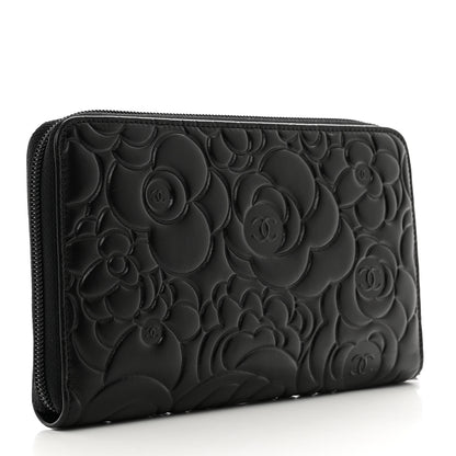 Chanel Lambskin Camellia Embossed Zip Around Organizer Wallet Black 3 of 9