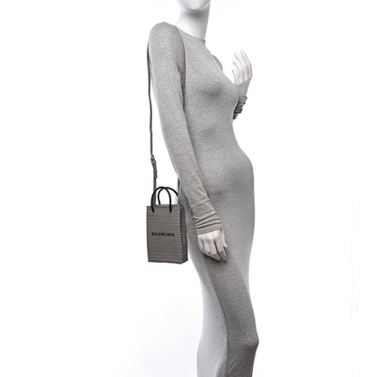 Balenciaga Calfskin Crocodile Embossed Logo Shopping Phone Holder Bag Steel Grey 2 of 9