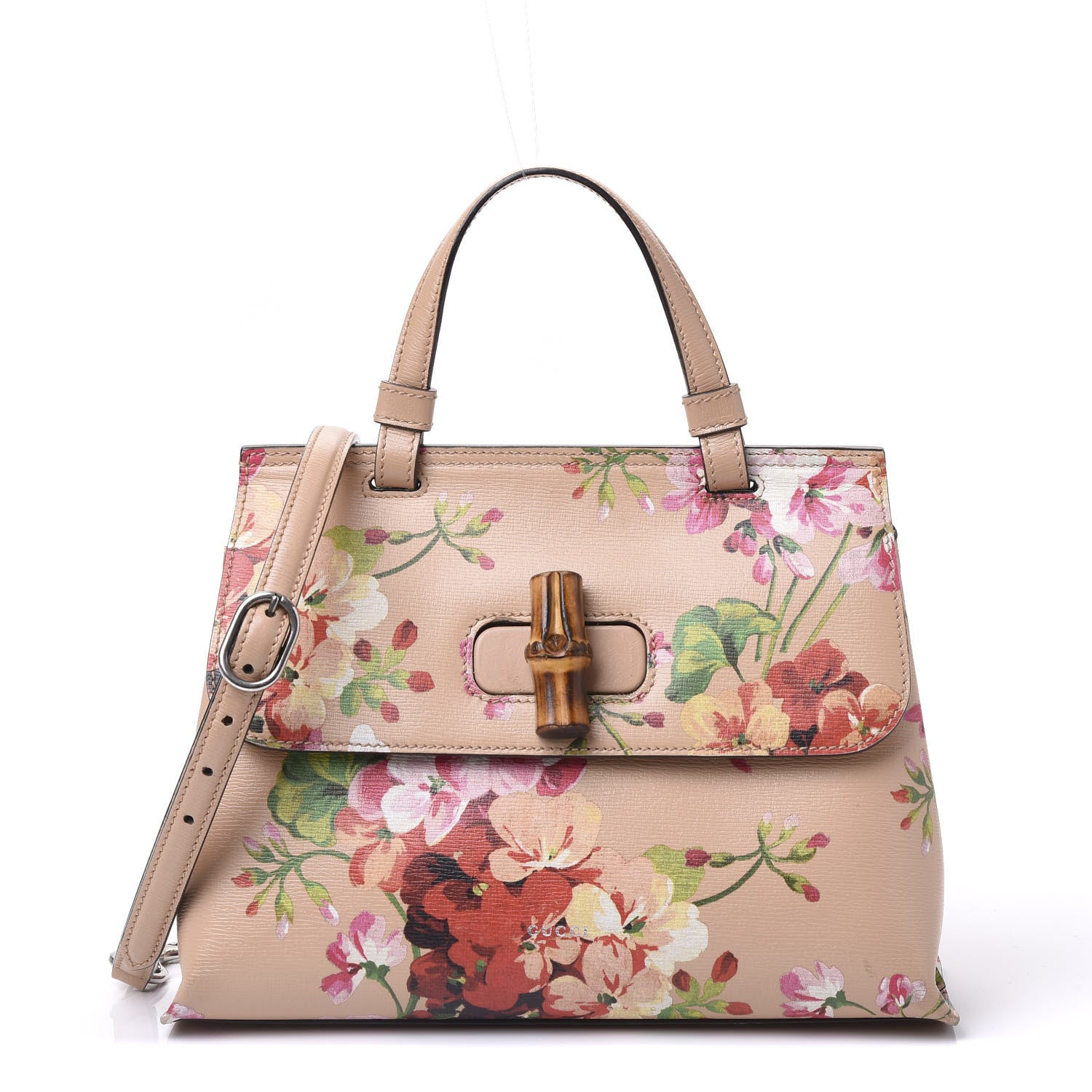 Gucci Shangai Calfskin Blooms Print Small Bamboo Daily Top Handle Bag Pink Apricot Multicolor 1 of 8