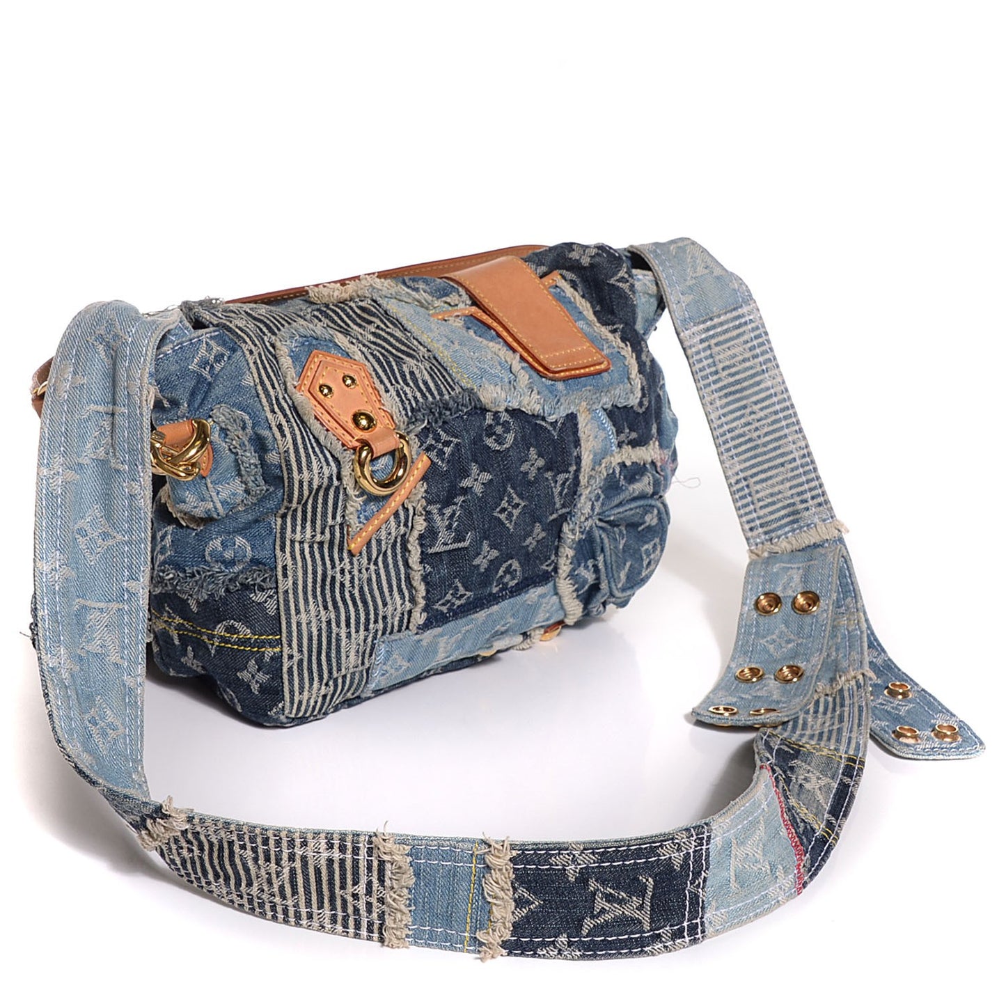 Denim Patchwork Posty Messenger Bag Blue